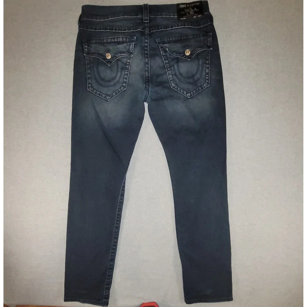 True Religion Geno Relaxed Slim Jeans Mens 34 Dark Wash Denim Whiskered Blue